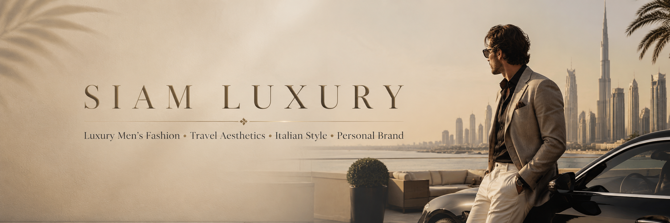 Siam Luxury banner featuring a stylish man in tailored menswear beside a luxury car with a Dubai-inspired skyline.