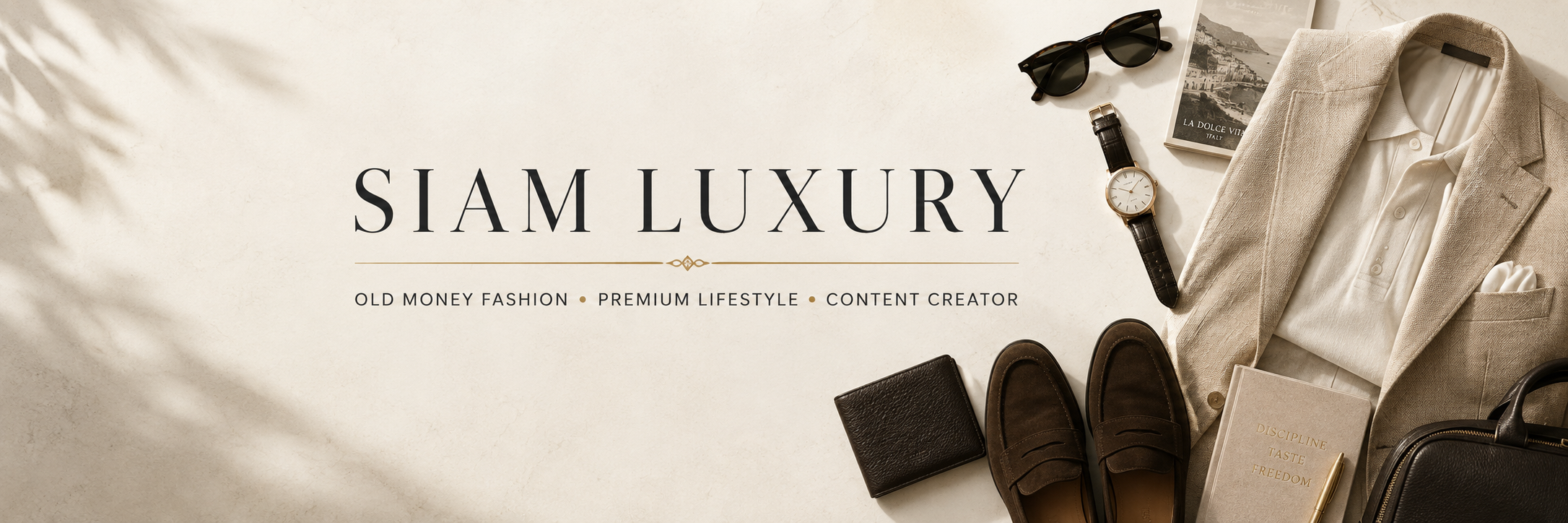 Siam Luxury old money menswear essentials arranged in an elegant neutral flat lay.